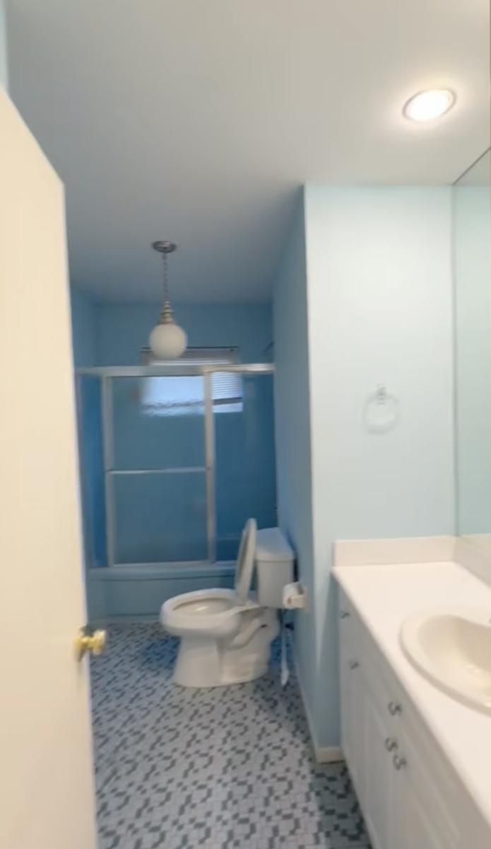 Bathroom before renovation with blue walls and frosted glass shower doors